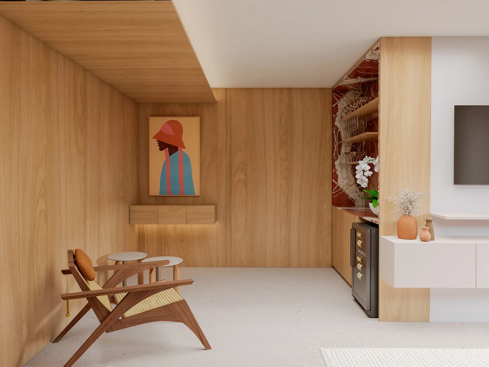 Painel de madeira com poltrona de design, aparador suspenso e quadro