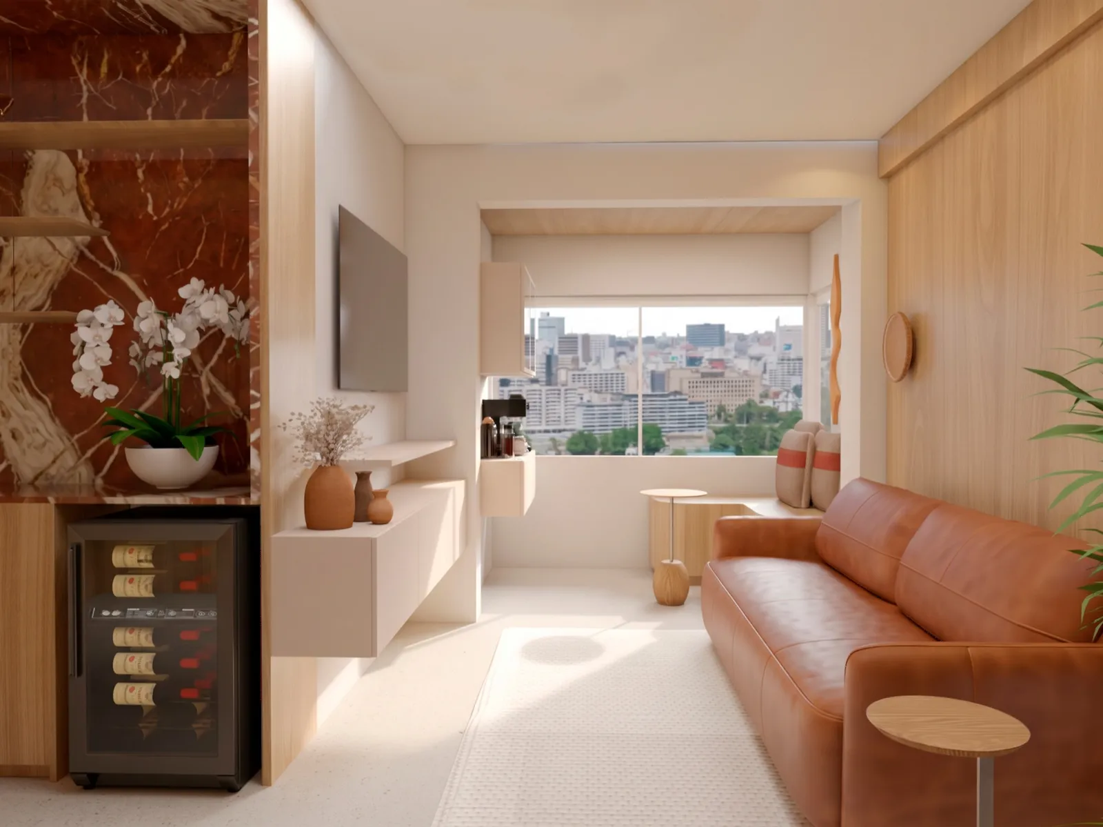 Living com sofá de couro caramelo, marcenaria clara e janela com vista para a cidade